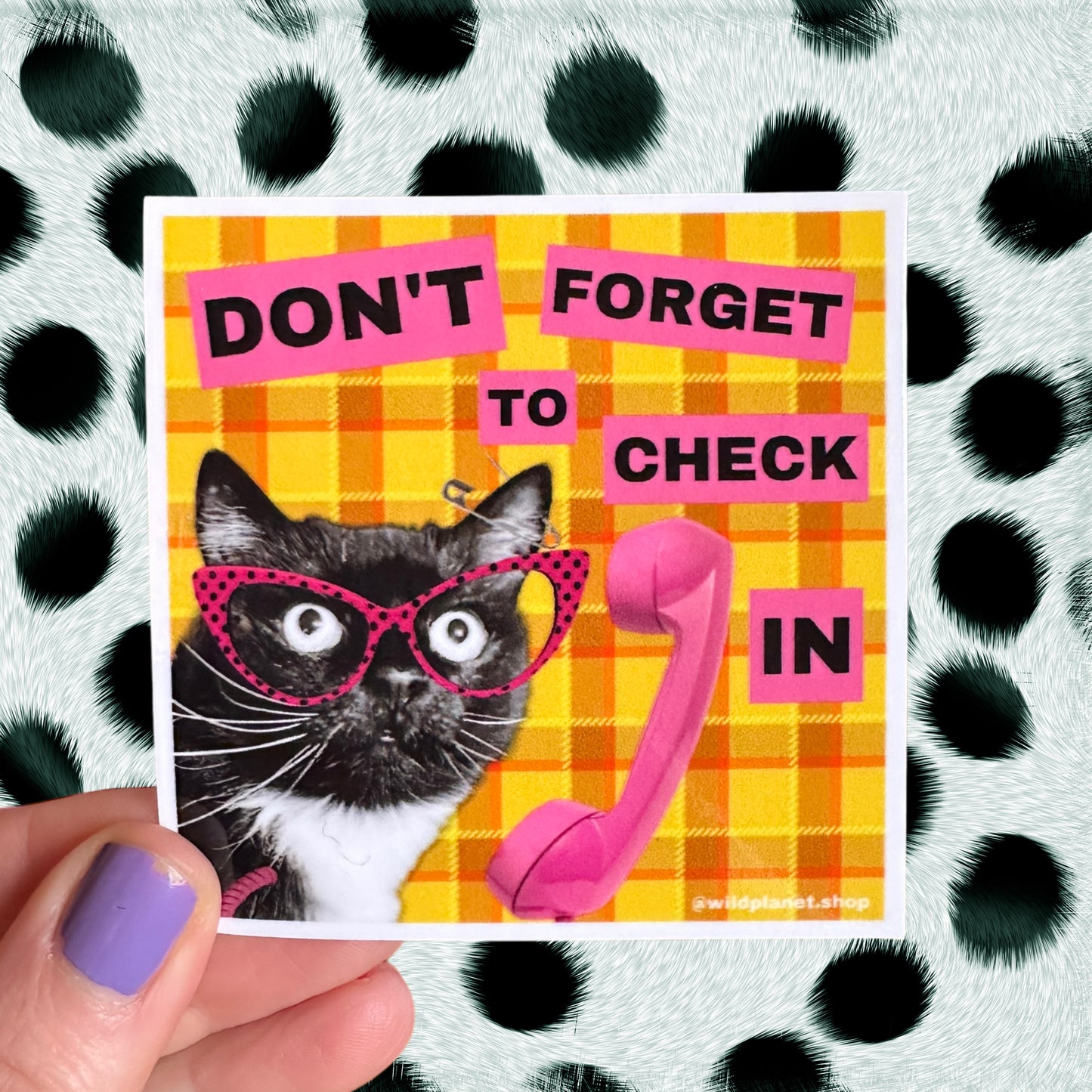 Square 3”x3” Sticker “Don’t Forget To Check In” Cat wearing Cat eye glasses