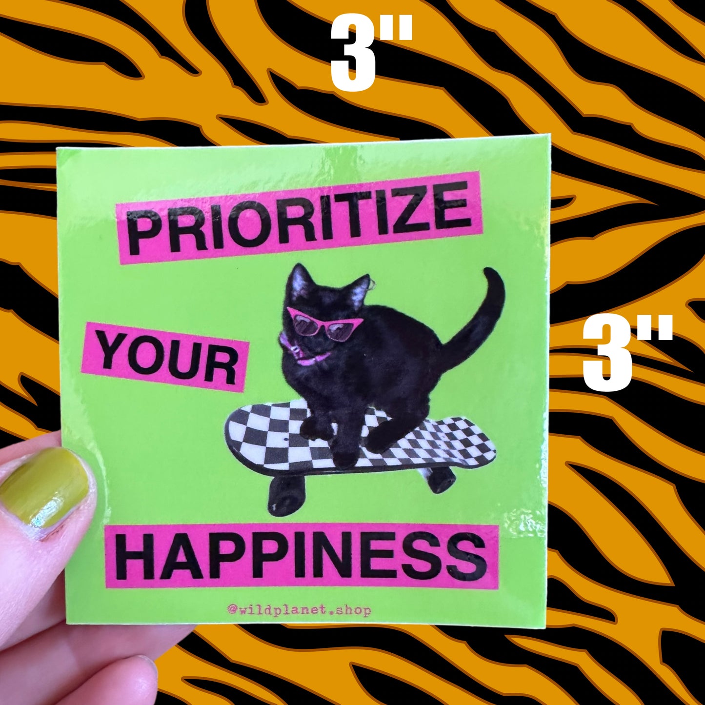 Sticker “prioritize your happiness” with cool skateboarding kitten green and pink 3” x 3”