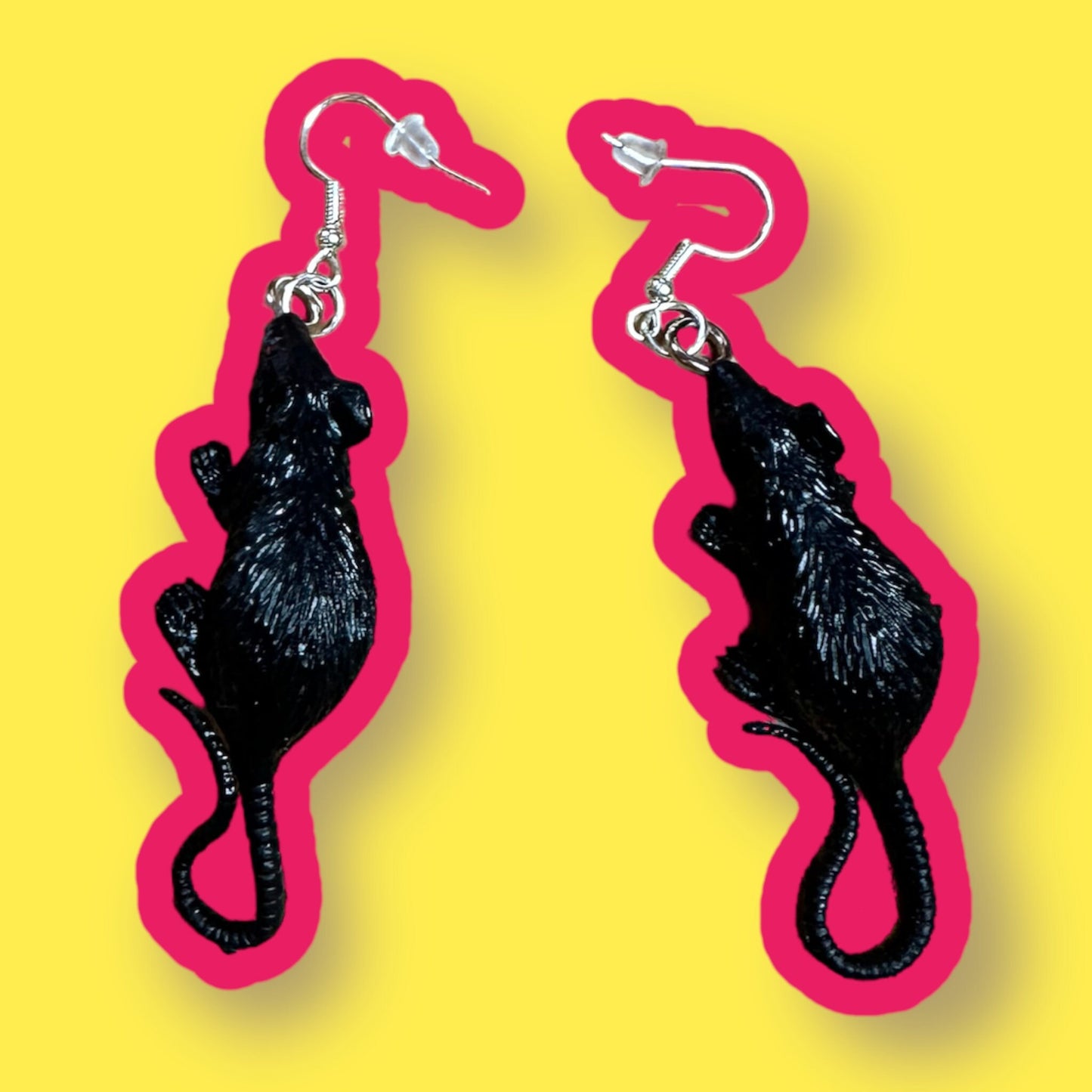 Handmade Black Rubber Rat Earrings Dangle Kitsch Funny Halloween Katya