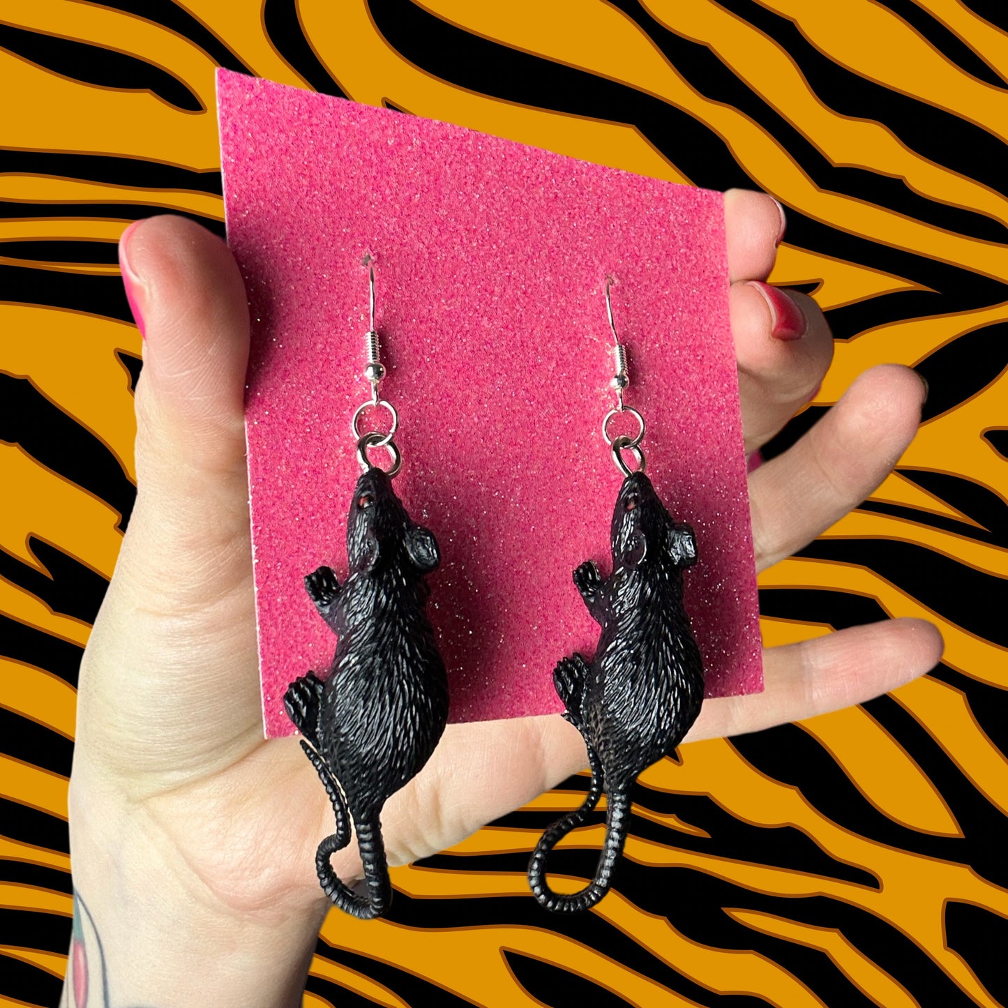 Handmade Black Rubber Rat Earrings Dangle Kitsch Funny Halloween Katya