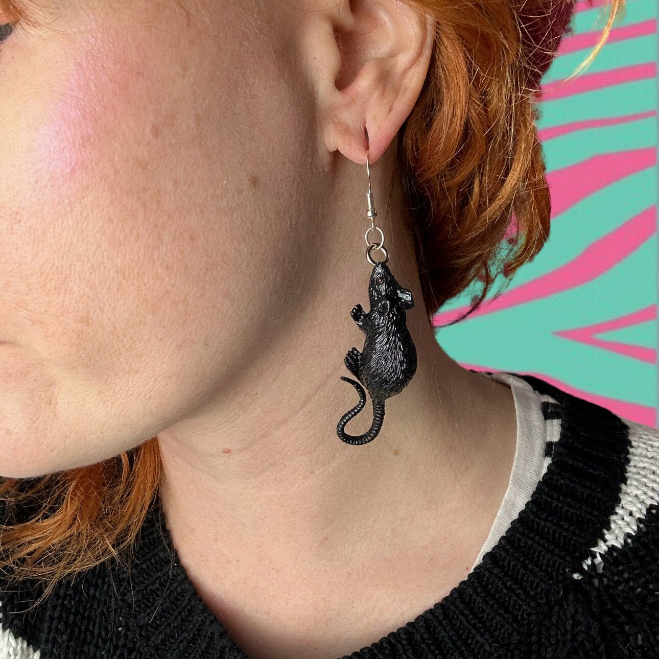 Handmade Black Rubber Rat Earrings Dangle Kitsch Funny Halloween Katya
