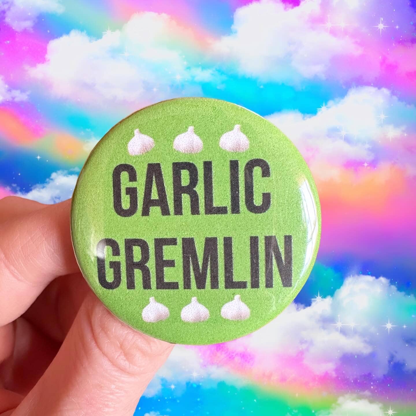 Handmade Funny Garlic Lovers Buttons “Garlic Girly” or “Garlic Gremlin” pins badges