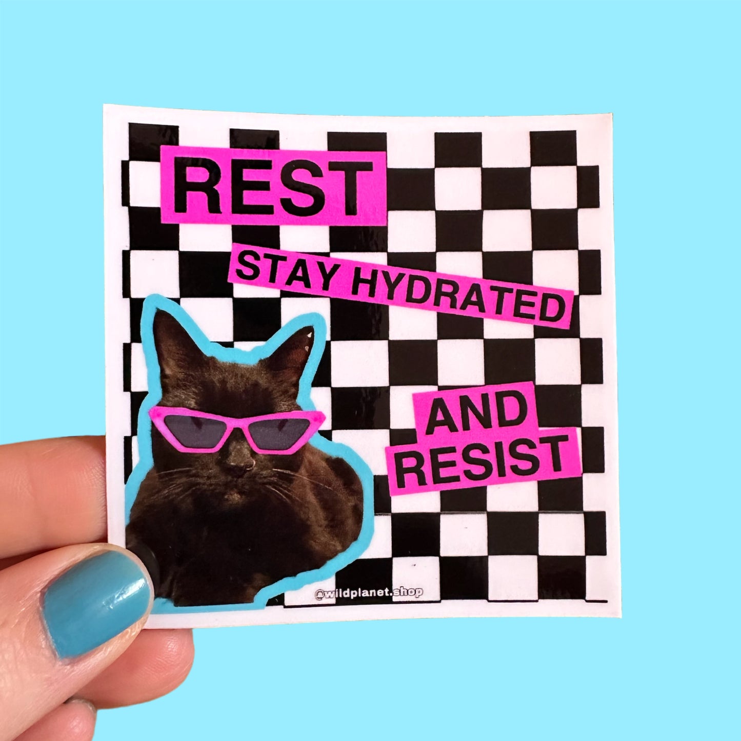 Sticker with black cat wearing sunglasses that says “rest stay hydrated and resist” checker print background 3”x3”