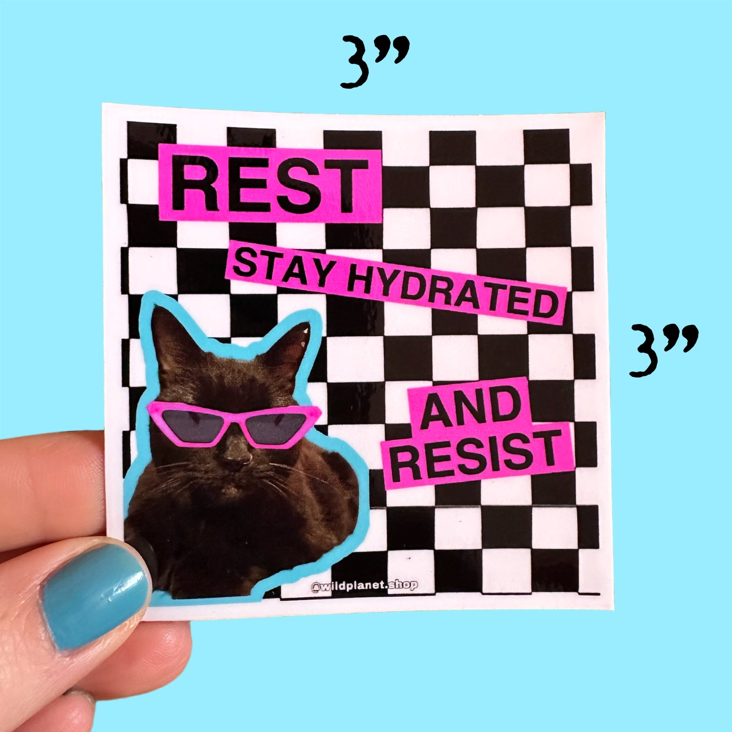 Sticker with black cat wearing sunglasses that says “rest stay hydrated and resist” checker print background 3”x3”