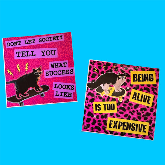 CHOOSE ONE two stickers of cats on skateboards who commiserate with you about disaster capitalism