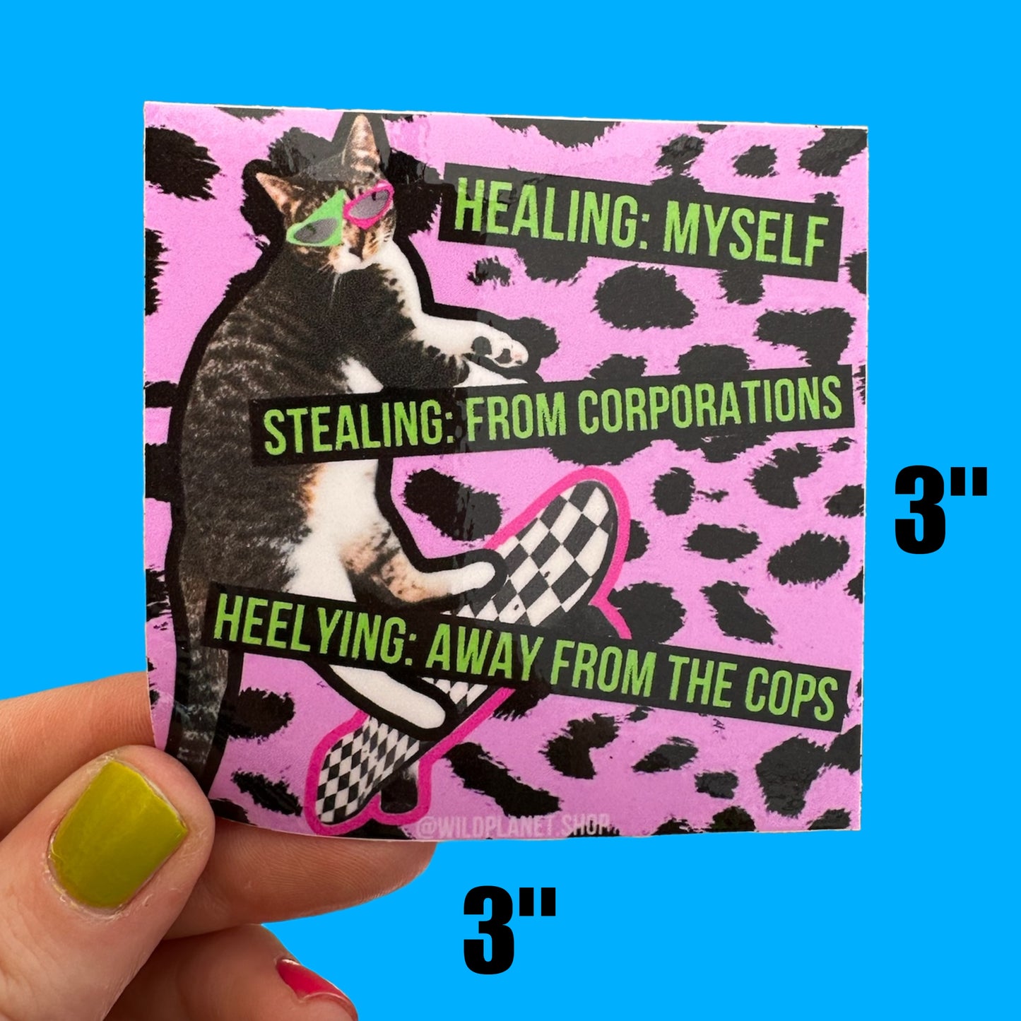 Square 3” x 3” sticker Healing Stealing and Heelying Anti Capitalist Skateboarding Cats!