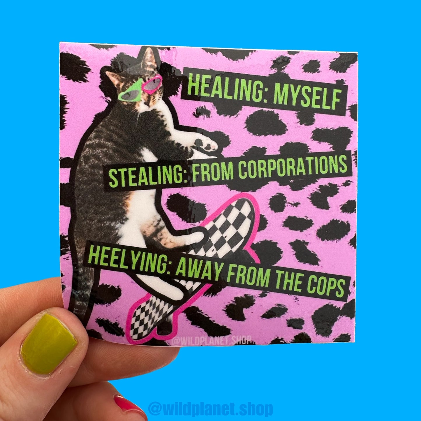 Square 3” x 3” sticker Healing Stealing and Heelying Anti Capitalist Skateboarding Cats!