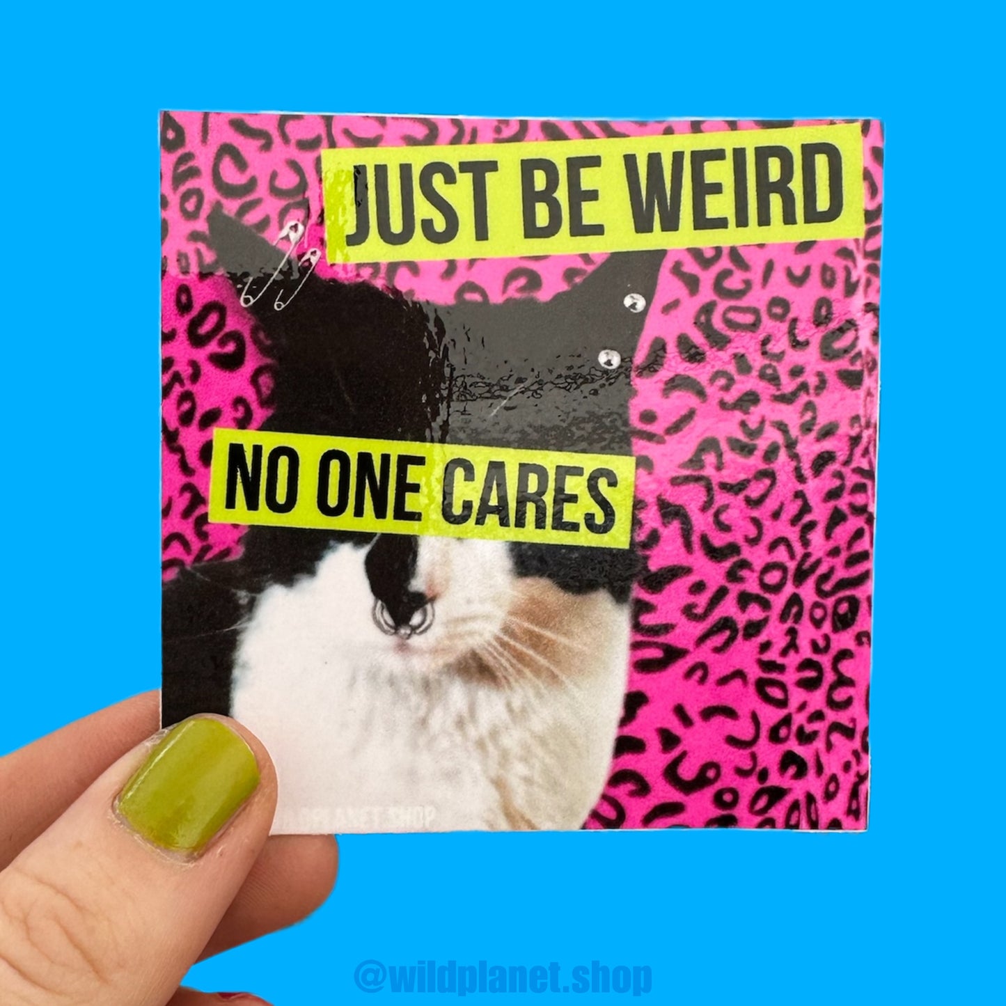 Just Be Weird No One Cares Water Bottle or Laptop 3” x 3” Square Sticker with Cool Punk Cat