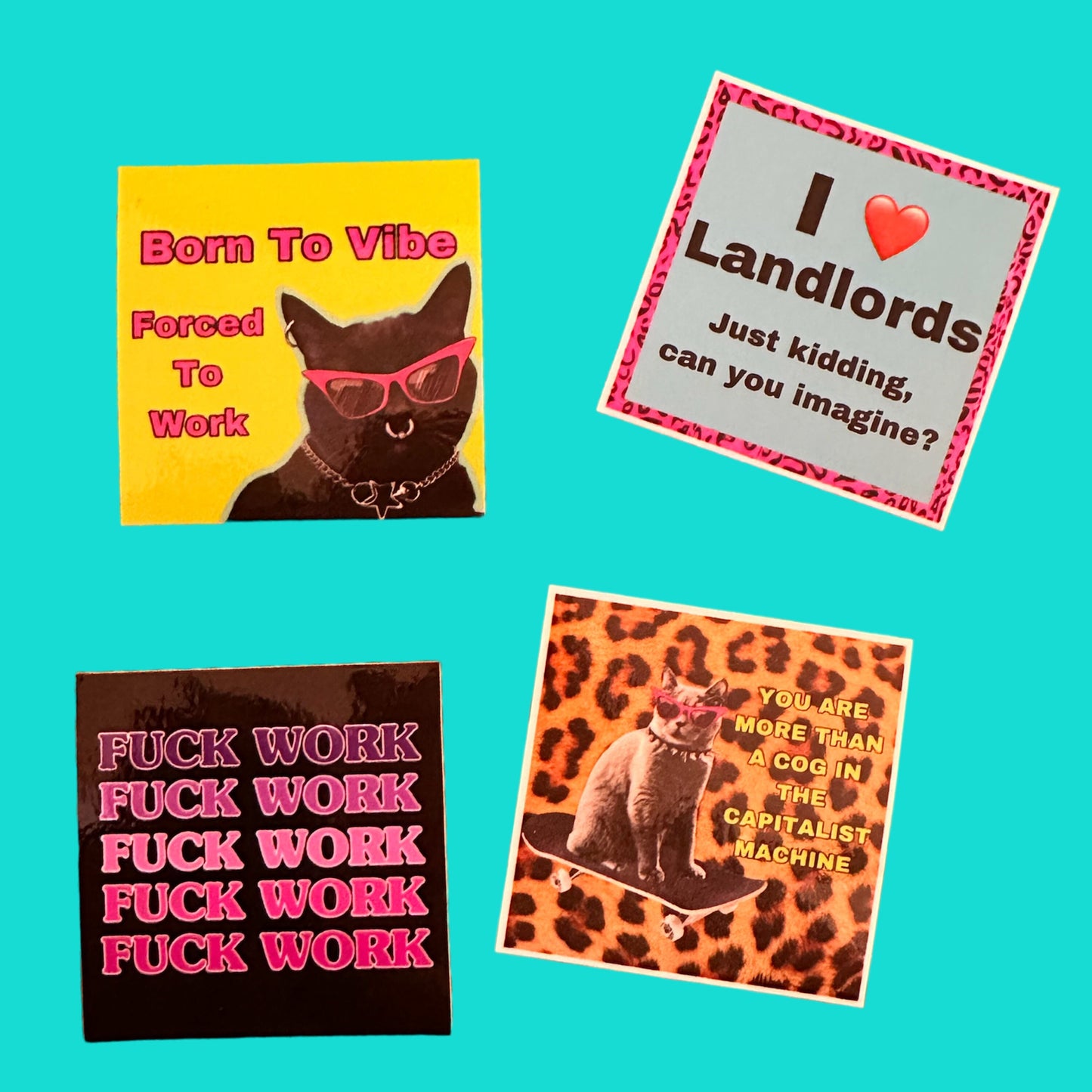 Sticker “Born to Vibe Forced to Work” Black Cat Art Punk Weird Kitsch Colorful