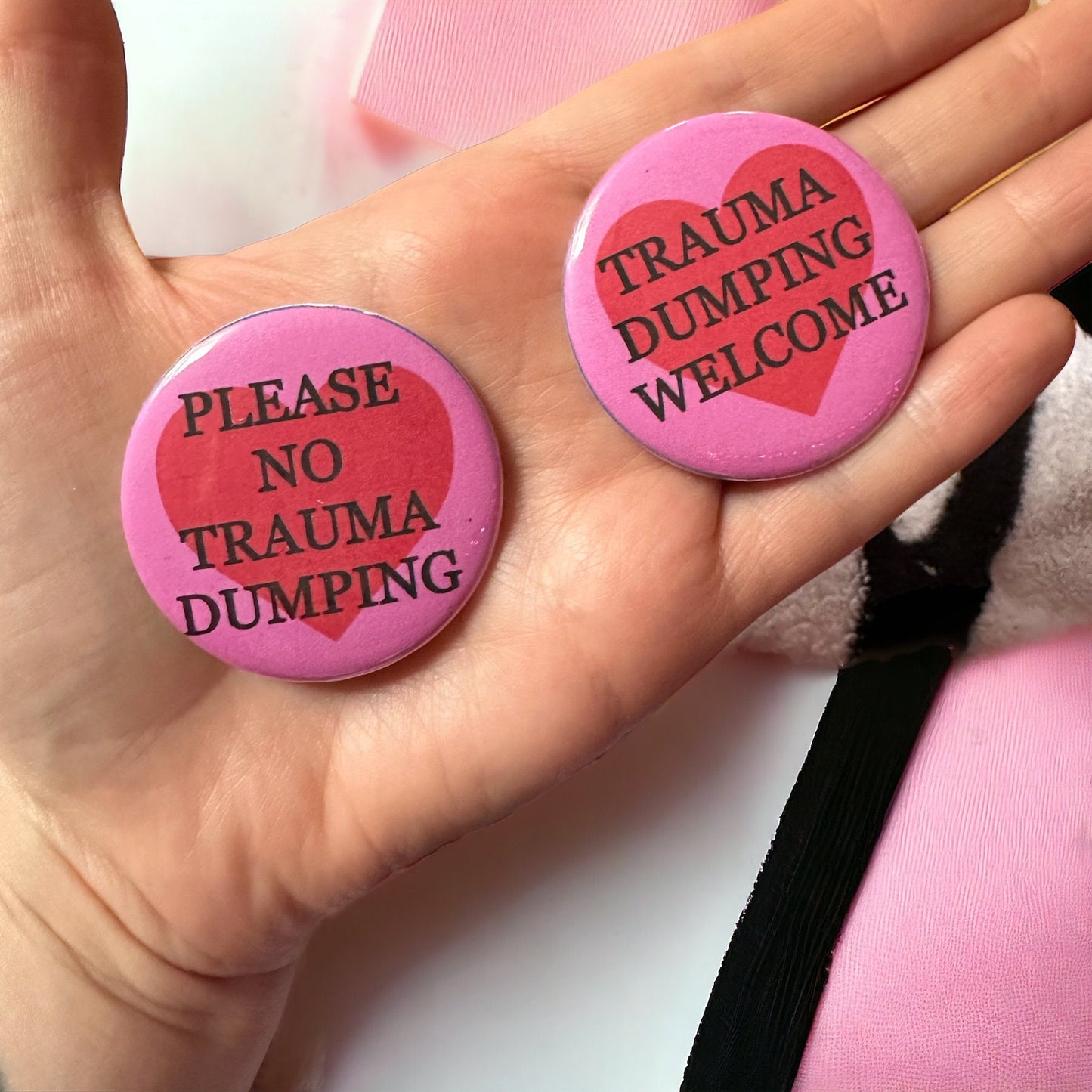 Handmade Buttons Trauma Dumping Hearts Pink Cute Funny