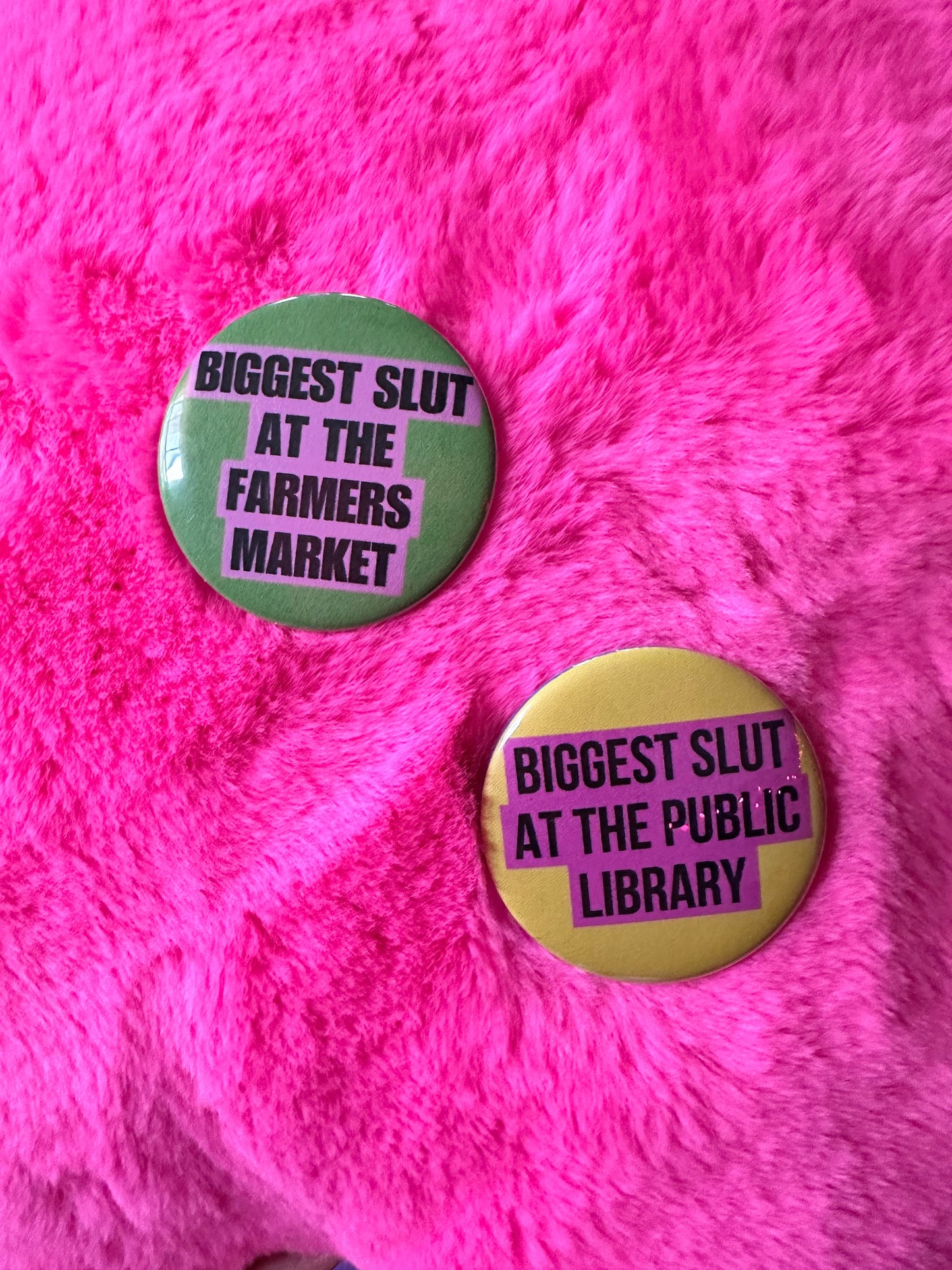 Handmade Buttons Biggest Slut at the Farmers Market or Public Library Funny Sluts  Sluts for Community Care Funny Joke Punk